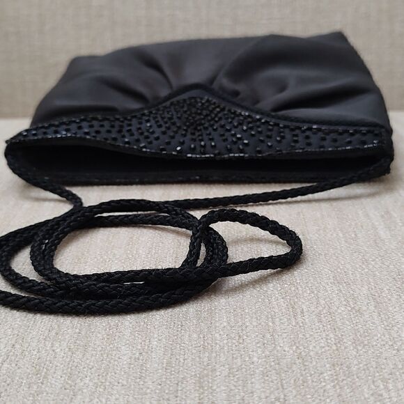 Black Satin Pleated Evening Shoulder Bag with Bead Detail - Picture 5 of 10